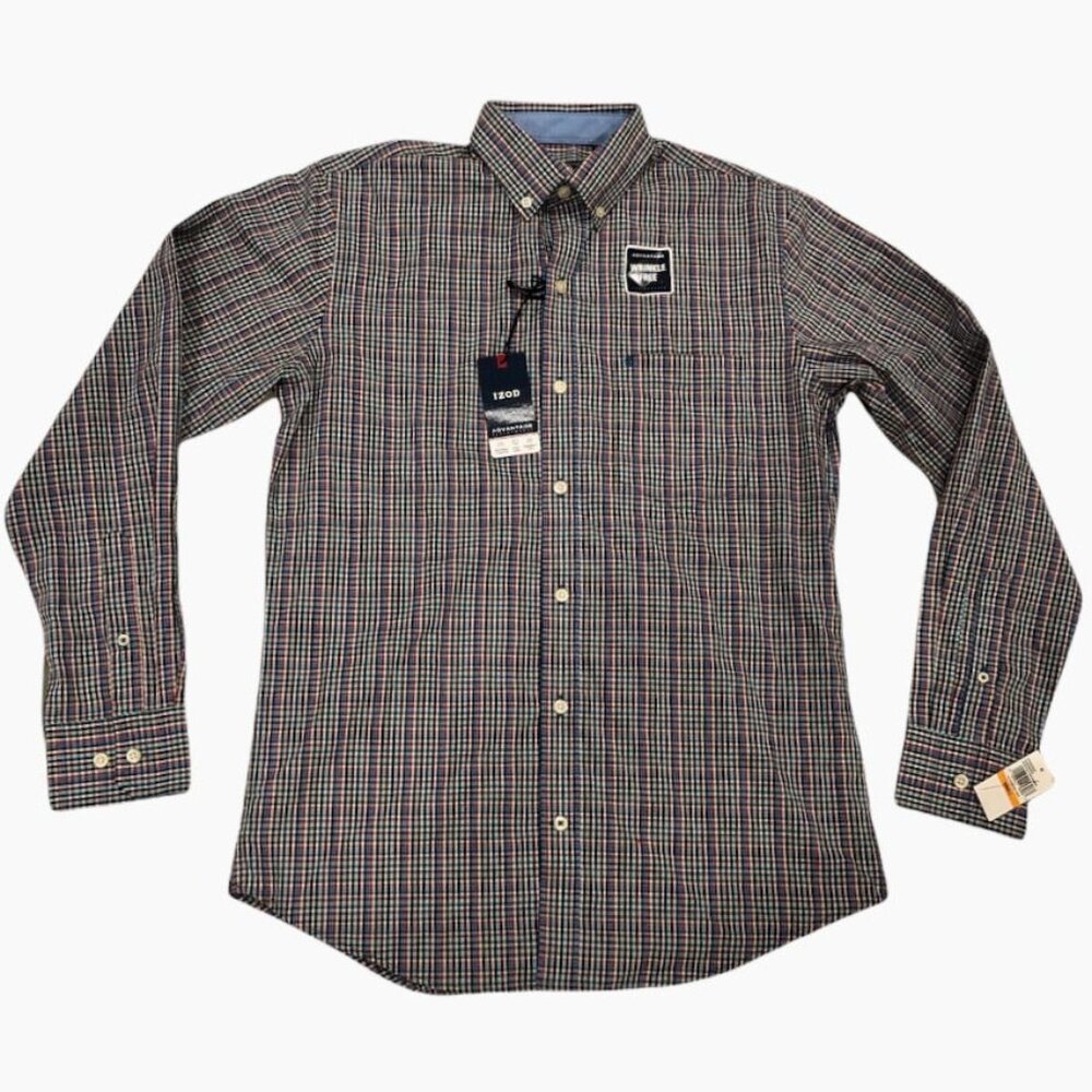 Izod Gingham Plaid Button Down Dress Shirt Red White Blue Small Collared Cotton